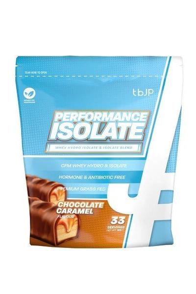 Performance Isolate protein blend packaging featuring chocolate caramel flavor, 33 servings, hormone and antibiotic-free.