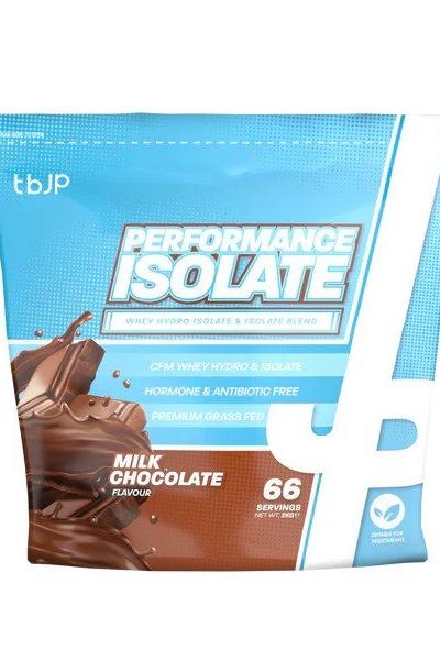 Performance Isolate milk chocolate protein powder package with details on hydro isolate and 66 servings.