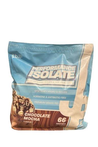 Trained by JP Performance Isolate Chocolate Mocha protein powder pack with 66 servings for enhanced performance.