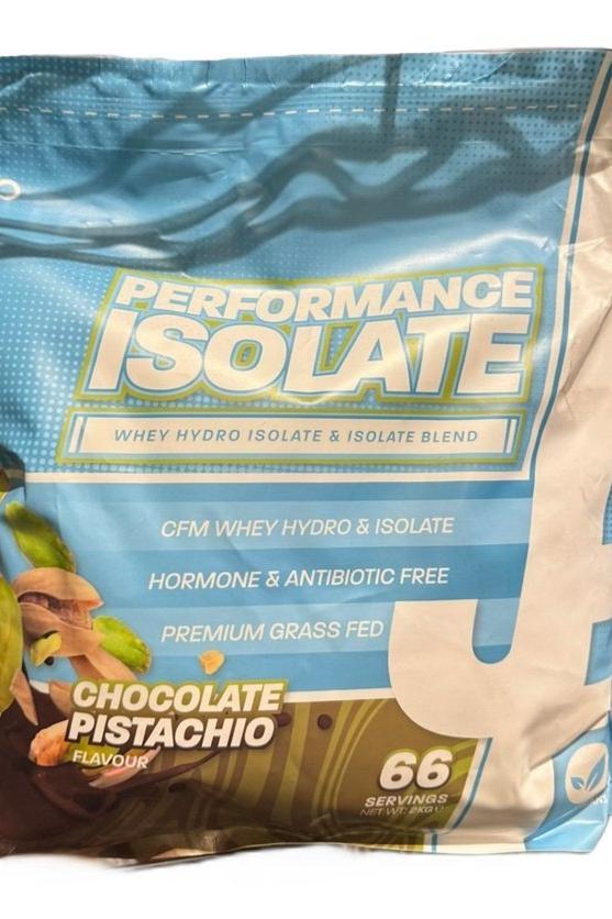 Performance Isolate protein powder chocolate pistachio flavor, 66 servings, hormone-free, premium quality.