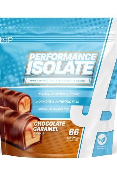 Performance Isolate Chocolate Caramel protein blend packaging, featuring 66 servings, designed for optimal absorption and performance.