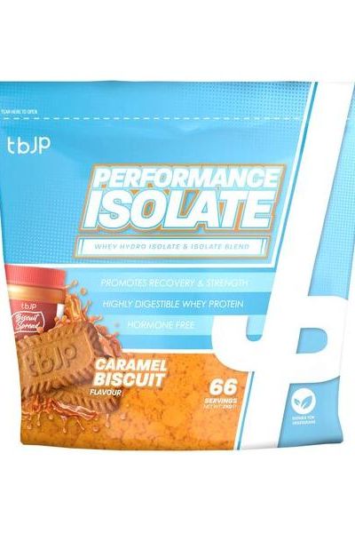 Trained by JP Performance Isolate protein powder in caramel biscuit flavor for enhanced recovery and strength.