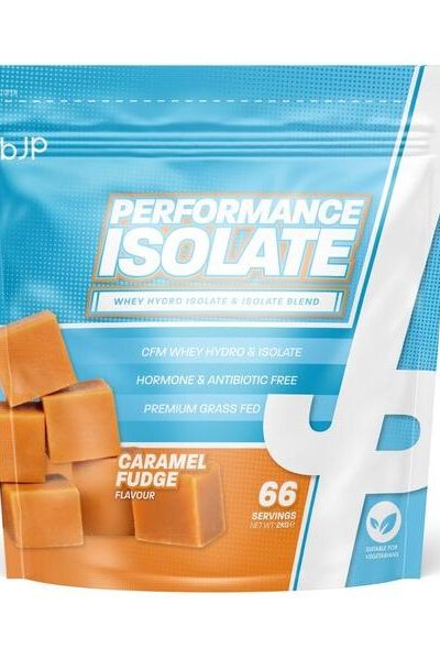Performance Isolate protein powder packaging, caramel fudge flavor, 66 servings, optimal protein blend for performance.