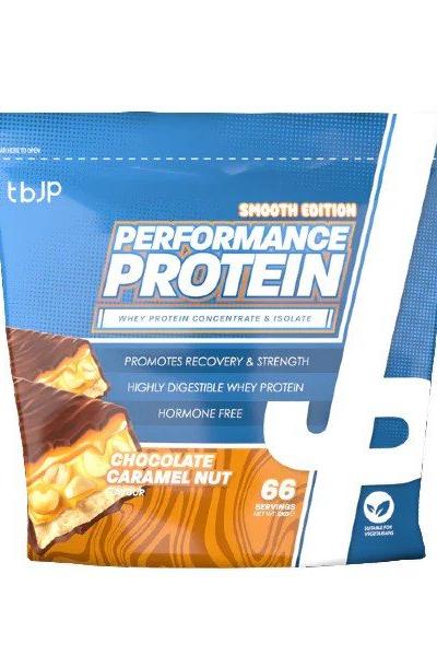 Trained by JP Performance Protein Smooth in Chocolate Caramel Nut flavor, promotes recovery and strength with high-quality whey.
