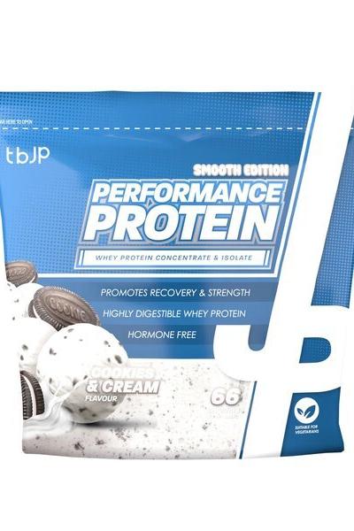 Trained by JP Performance Protein Smooth packaging featuring cookies and cream flavor for recovery and strength.