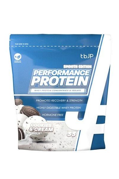 Trained by JP Performance Protein Smooth Edition, cookies and cream flavor, promotes recovery and strength, hormone free.