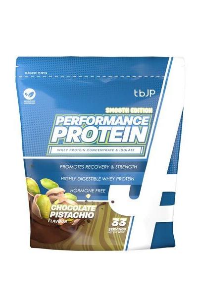 Trained by JP Performance Protein in Chocolate Pistachio flavor, promoting muscle recovery and strength.