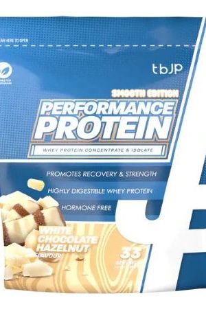 Trained by JP Performance Protein with white chocolate hazelnut flavor in a 2kg bag, promoting recovery and strength.