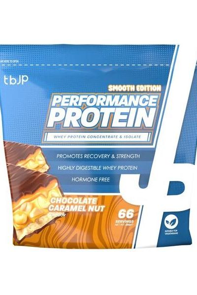 Trained by JP Performance Protein in Chocolate Caramel Nut flavor, 2 kg pack with 66 servings for recovery and strength.