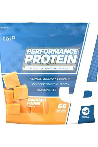 Trained by JP Performance Protein in Caramel Fudge flavor, featuring whey protein concentrate and isolate.