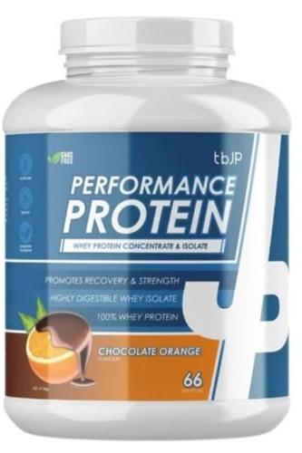 Trained by JP Performance Protein in Chocolate Orange flavor, 2kg tub with 66 servings, supports recovery and strength.