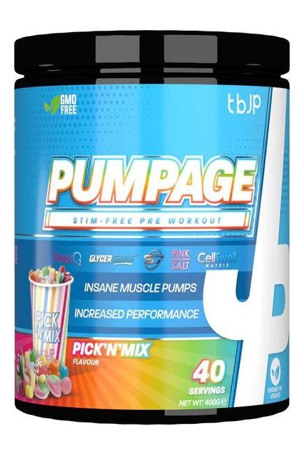 Pumpage stim-free pre workout supplement in Pick'n'Mix flavor, promoting insane muscle pumps and increased performance.