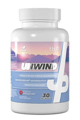 Trained by JP Unwind supplement bottle for stress relief and recovery, vegan formula with KSM-66 Ashwagandha, 30 day supply.