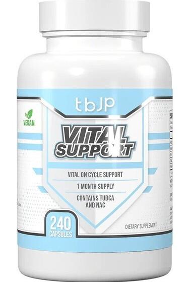 Trained by JP Vital Support dietary supplement bottle, 240 vegan capsules for liver and kidney support.