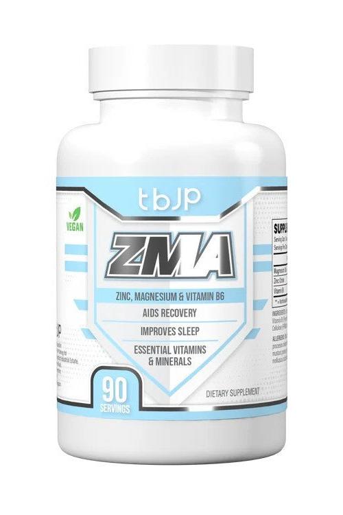 ZMA supplement bottle featuring zinc, magnesium, and vitamin B6 for improved sleep and recovery, vegan-friendly, 90 capsules.