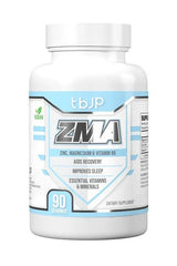 ZMA supplement bottle featuring zinc, magnesium, and vitamin B6 for improved sleep and recovery, vegan-friendly, 90 capsules.
