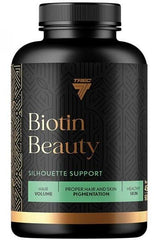 Trec Nutrition Biotin Beauty supplement bottle for healthy hair and skin, supporting hair growth and normal pigmentation.