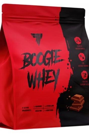 Trec Nutrition Boogie Whey protein powder package, promotes muscle growth with creatine and amino acids.