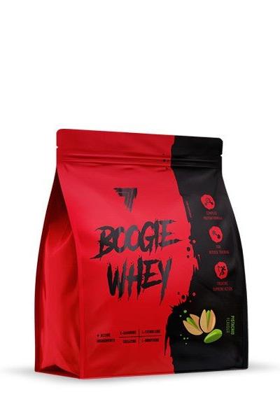 Trec Nutrition Boogie Whey protein supplement packaging with vibrant red and black design.