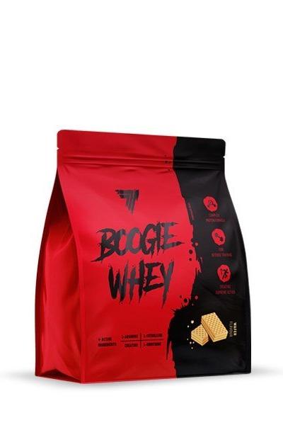 Trec Nutrition Boogie Whey protein supplement packaging with red and black design.