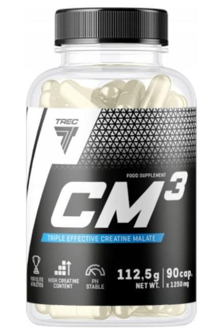 Trec Nutrition CM3 creatine malate supplement in a transparent bottle, 90 capsules for enhanced muscle strength.