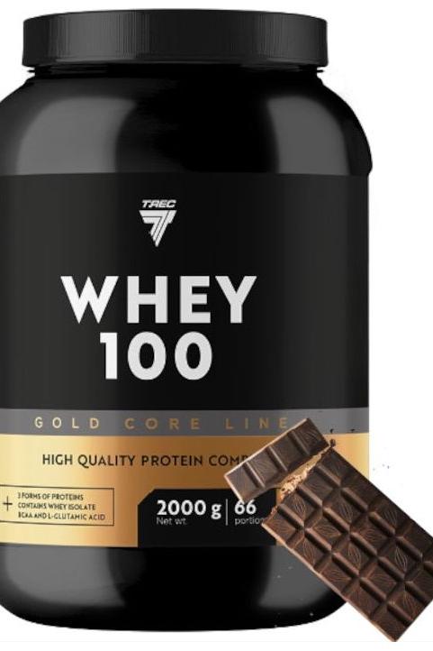 Trec Nutrition Gold Core Whey 100 protein powder jar with chocolate bar, high-quality whey protein for muscle growth.