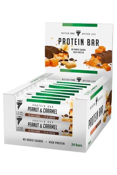 Trec Nutrition protein bar box featuring peanut and caramel flavor with high protein and no added sugars.