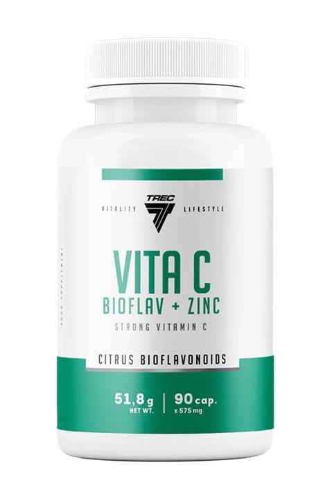 Trec Nutrition Vita C Bioflav + Zinc vitamin supplement bottle with 90 capsules for immune support.
