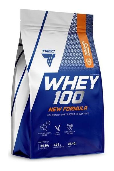 Trec Nutrition Whey 100 New Formula high-quality whey protein concentrate packaging.