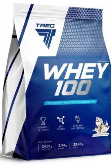 Trec Nutrition Whey 100 protein powder bag featuring high-quality whey protein concentrate and nutrition facts.