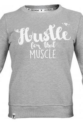 Trec Wear women's grey sweatshirt with 'Hustle for that Muscle' 3D print design, ideal for comfort and training.