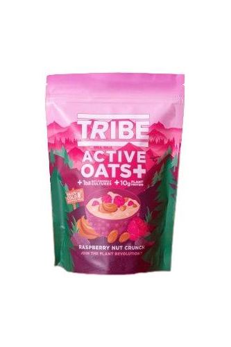 TRIBE Active Oats+ Raspberry Nut Crunch packaging, featuring healthy plant-based breakfast with oats and nuts.