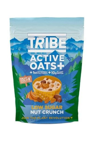 TRIBE Active Oats+ packaging featuring Low Sugar Nut Crunch, promoting plant-based protein and healthy breakfast.
