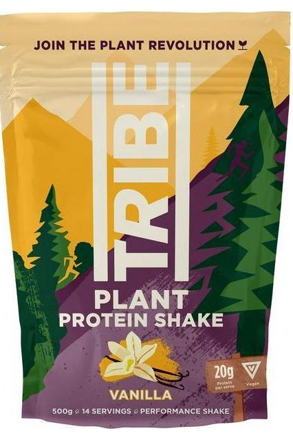 TRIBE Plant Protein Shake vanilla flavor packaging with 20g protein for recovery and plant-based ingredients.