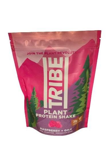 TRIBE Plant Protein Shake package featuring raspberry and goji, offering 20g protein and made from real food ingredients.