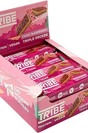 Tribe Triple Decker protein bars in a box, featuring choc raspberry flavor, vegan and gluten-free packaging.