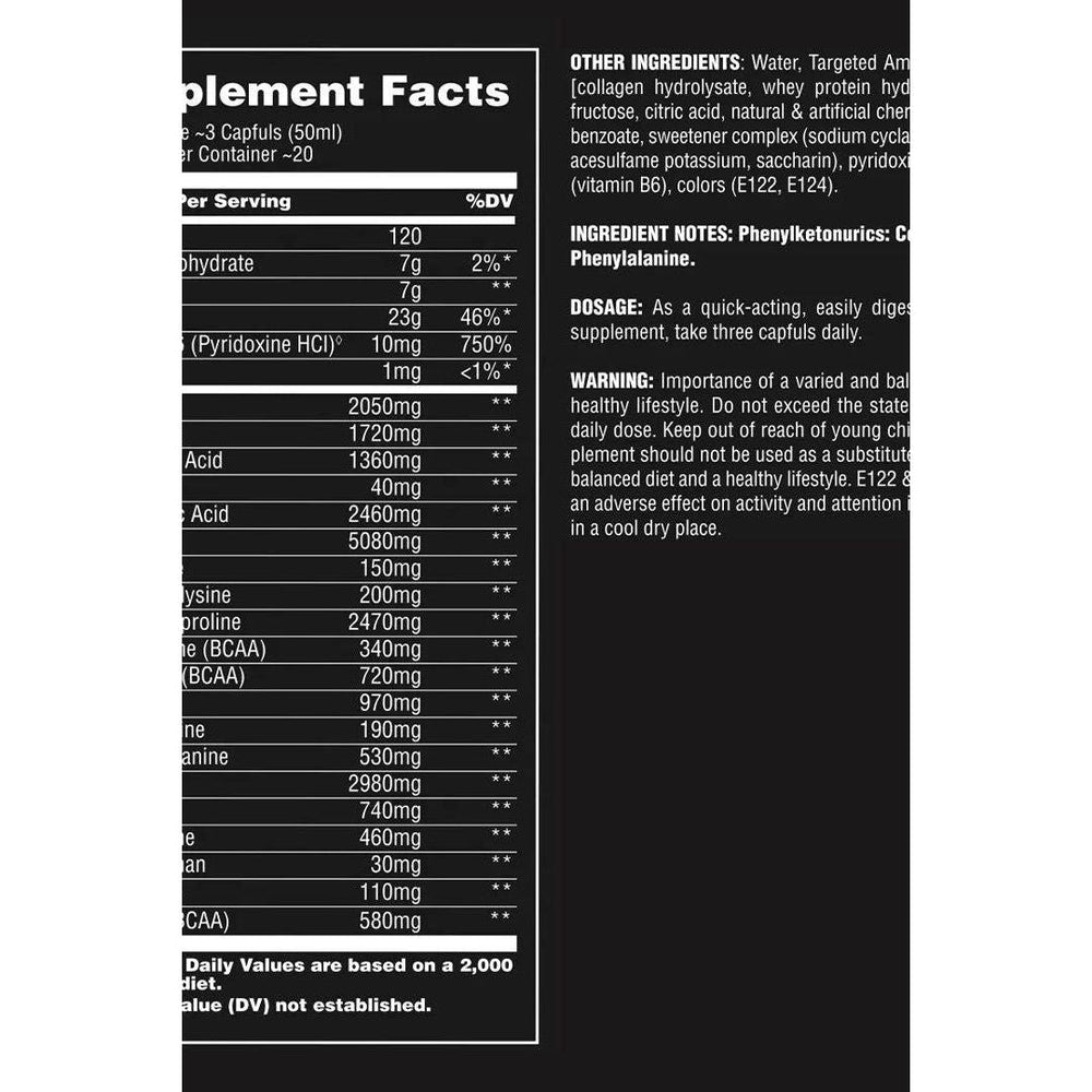 Supplement facts for Universal Nutrition Amino Liquid, highlighting amino acids and dosage information.