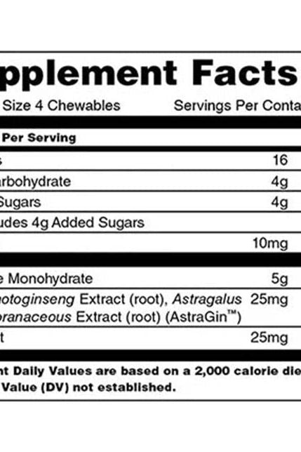 Supplement facts label for Universal Nutrition Animal Creatine Chews detailing ingredients and nutritional values.