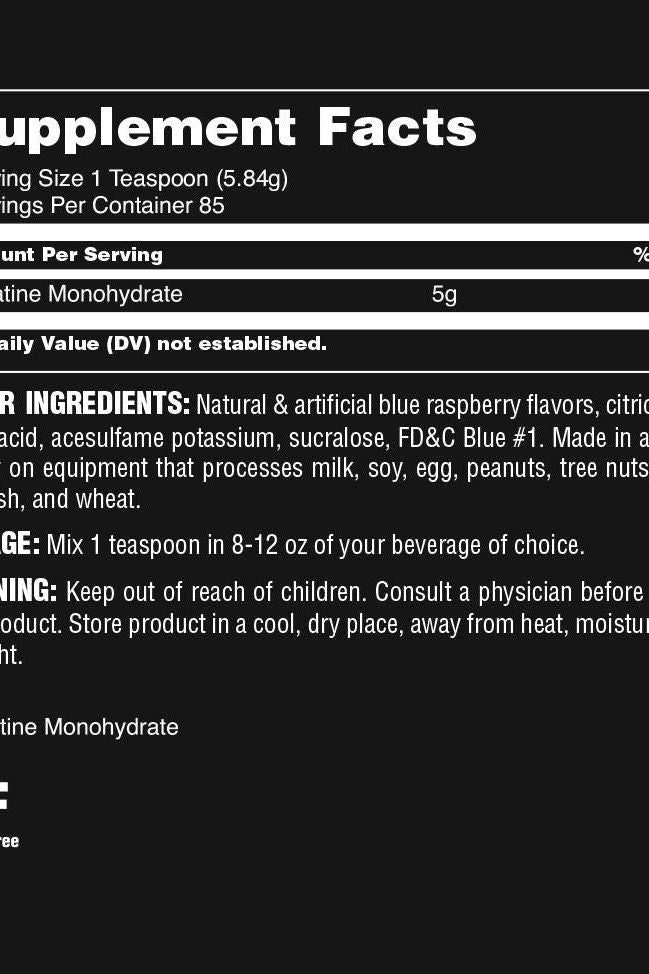 Supplement facts label for Universal Nutrition Animal Creatine™ with serving size and ingredients.