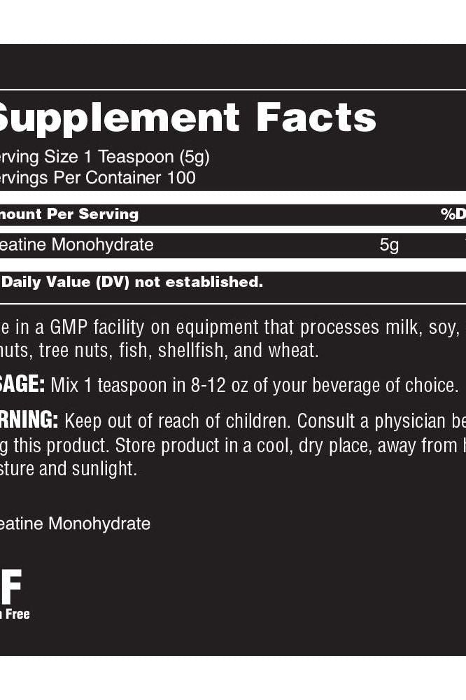 Supplement facts for Universal Nutrition Animal Creatine, detailing serving size and ingredients.