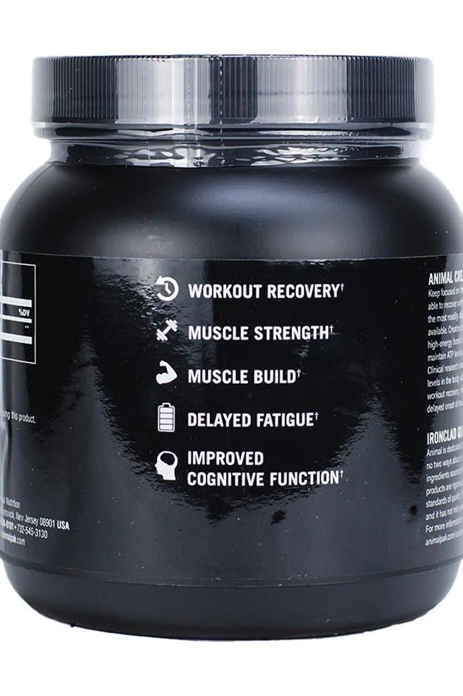 Universal Nutrition Animal Creatine black container with key benefits listed including workout recovery and muscle strength.