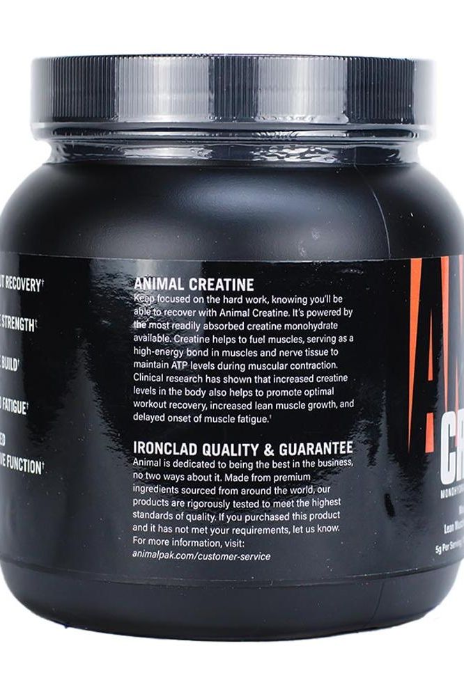Universal Nutrition Animal Creatine™ supplement jar showcasing benefits for muscle recovery and strength.