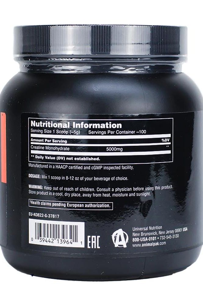 Nutritional information on the back of Universal Nutrition Animal Creatine container showing serving size and contents.