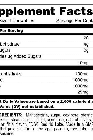 Supplement facts for Animal Energy Chews, detailing serving size, calories, ingredients, and nutritional information.