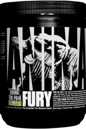 Animal Fury pre-workout supplement by Universal Nutrition in a black container with a green apple flavor.