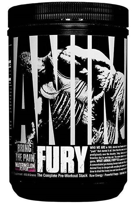 Universal Nutrition Animal Fury pre-workout formula in watermelon flavor for enhanced energy and focus.