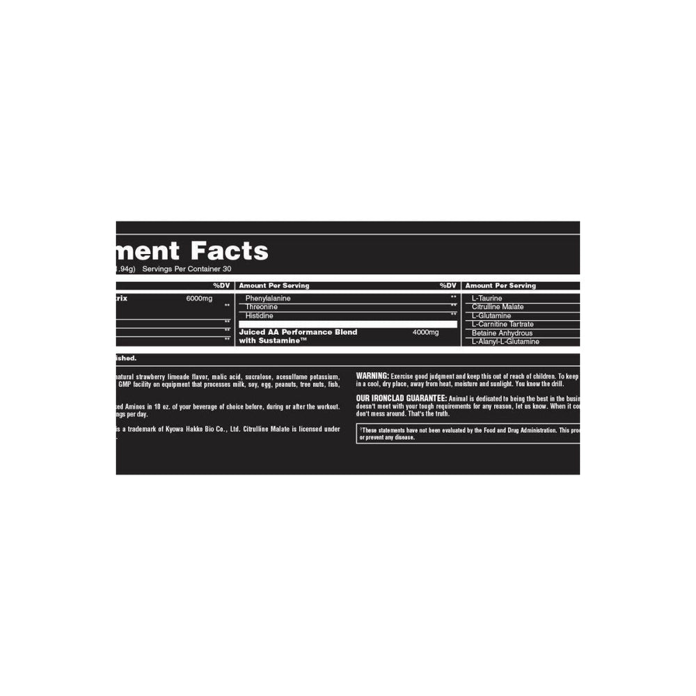 Nutritional information panel for Universal Nutrition Animal Juiced Aminos with serving details and ingredient breakdown.
