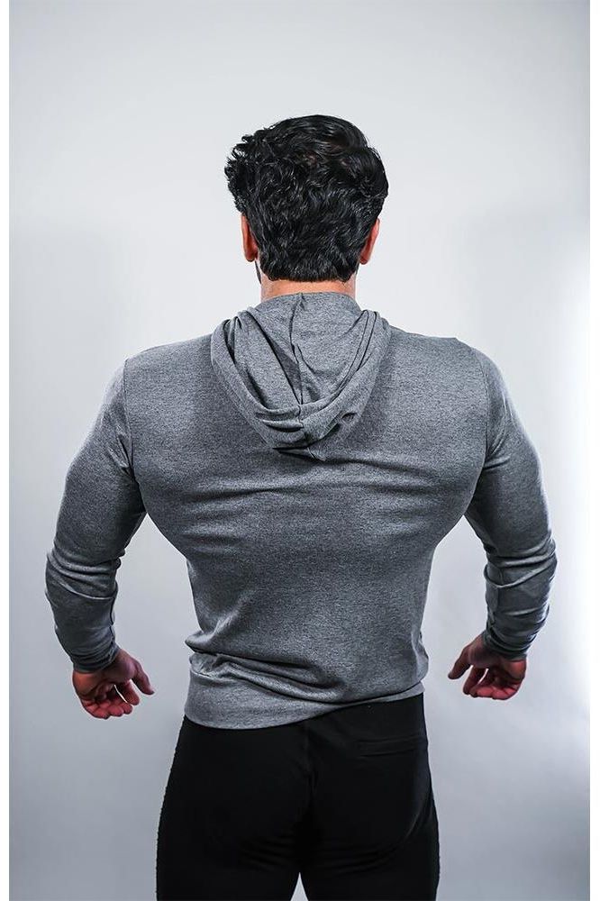 Back view of a man wearing a grey Universal Nutrition Animal lightweight hoodie, showcasing its stylish design.