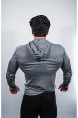 Back view of a man wearing a grey Universal Nutrition Animal lightweight hoodie, showcasing its stylish design.