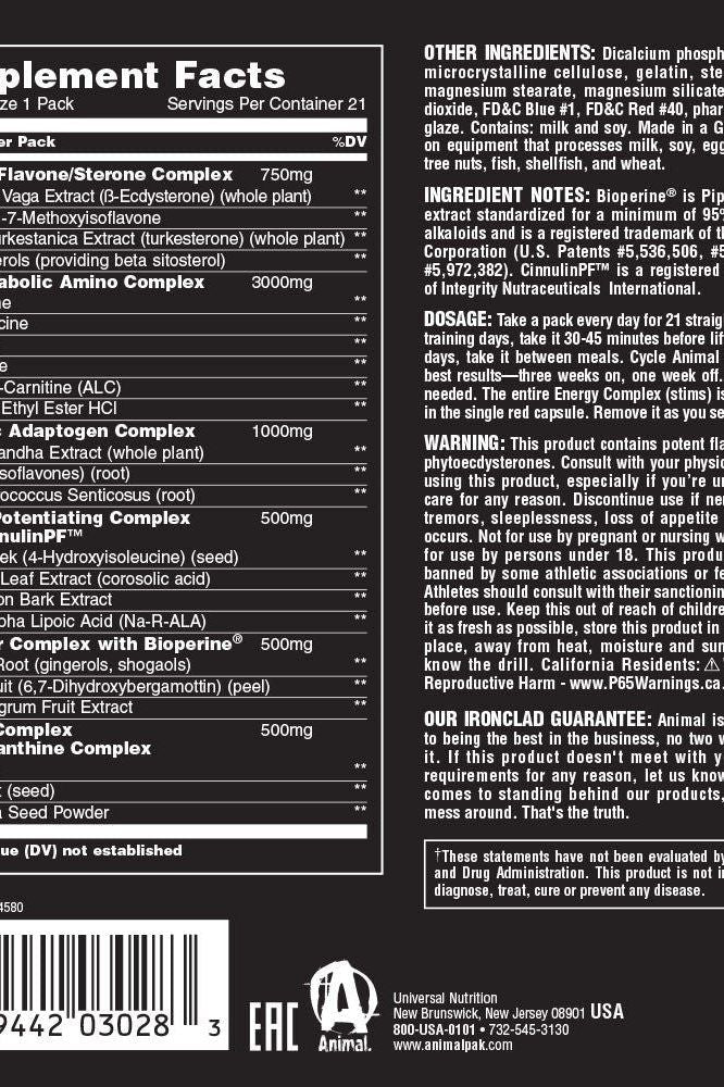 Supplement facts for Universal Nutrition Animal M-Stak, 21 packs listing active ingredients and nutritional information.